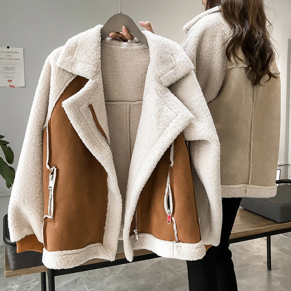 2023 New Autumn Winter Woman Faux Suede Warm Jacket Coat Vintage Lamb Wool Warm Long Sleeve Casual Loose Zipper Ladies Outerwear