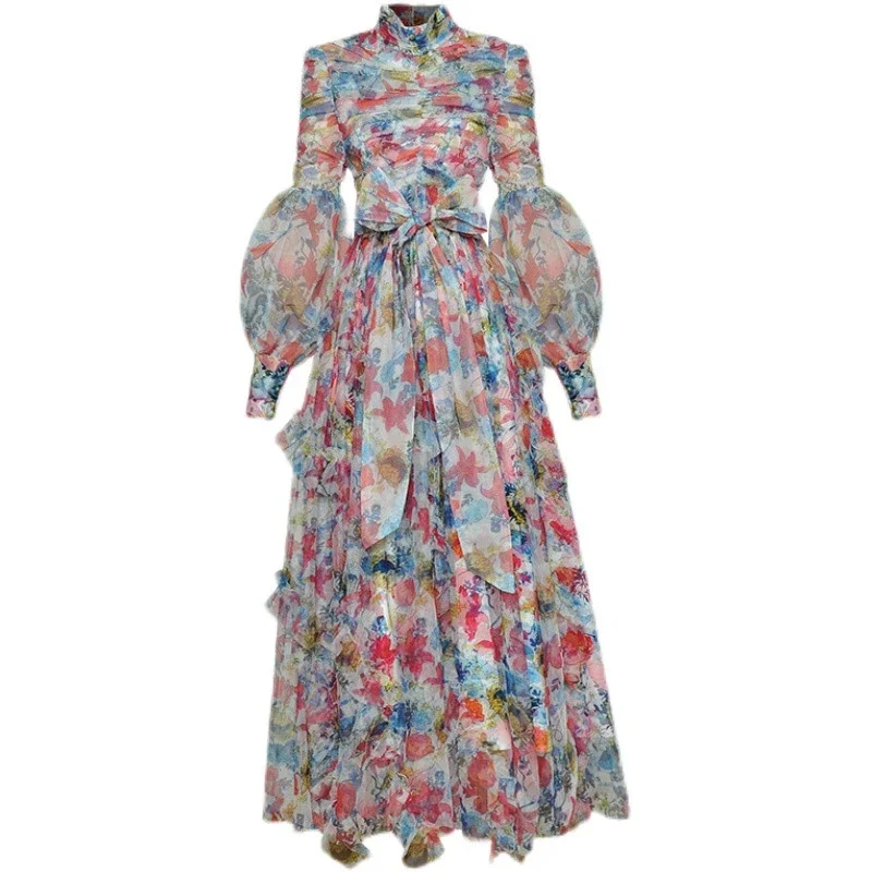 2023 Women's Traf Spring Stand Collar Lantern Sleeve Ruched Mesh Floral Print Lace-Up Maxi Dresses