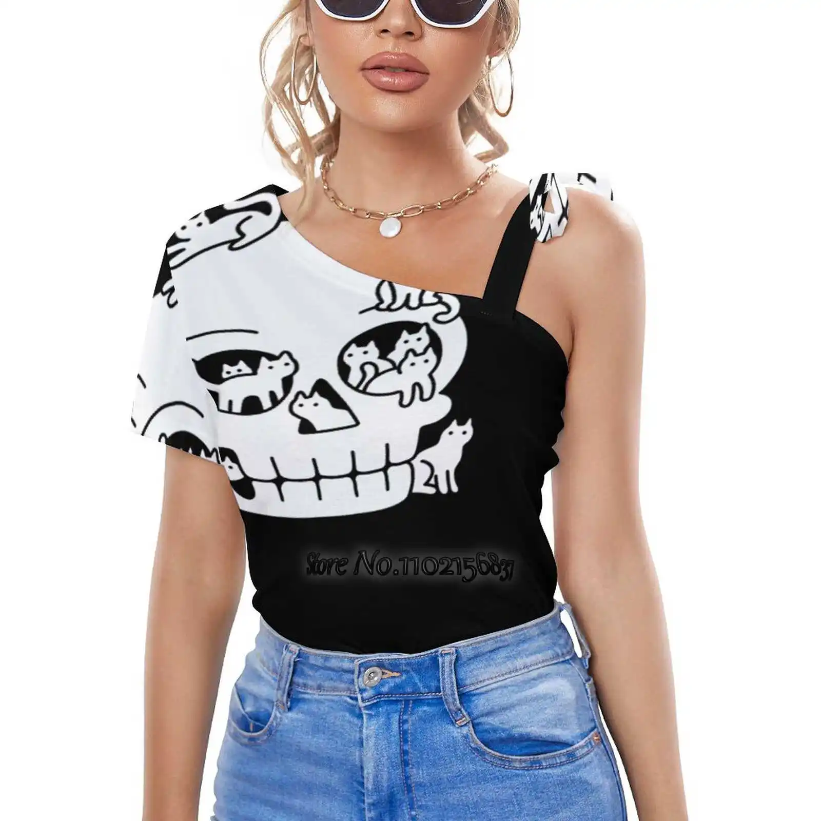 

Женская футболка на одно плечо, со шнуровкой и принтом в виде черепа