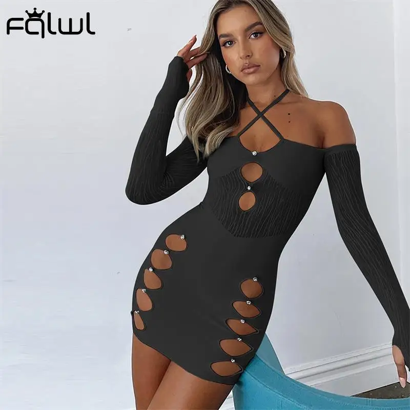 

FQLWL Spring Diamonds Hollow Out Black Sexy Mini Dresses Women Party Halter Backless Long Sleeve Bodycon Dress Club Short Dress