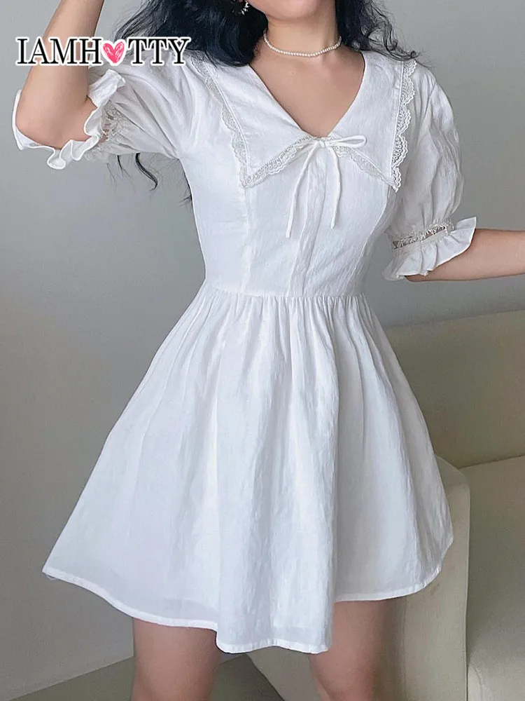 

IAMHOTTY Patchwork Lace A-line White Dress Kawaii Puff Short Sleeve Mini Dresses Peter Pan Collar Japanese Fashion Dress Summer