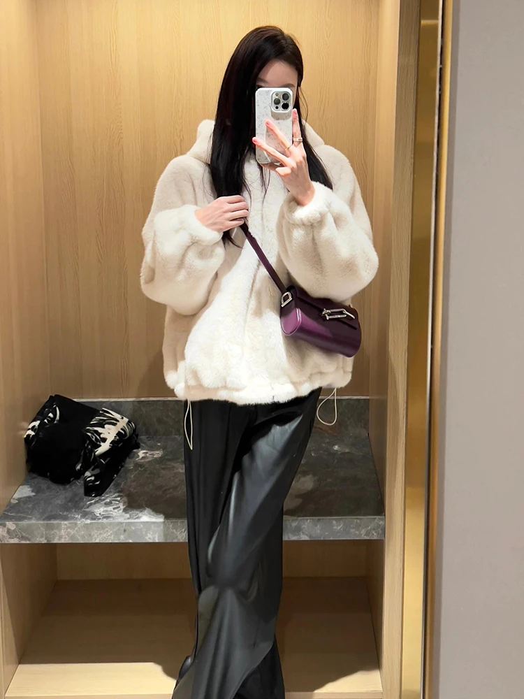Белый капюшон имитация кролика Рекса плюшевая верхняя одежда женская осень и