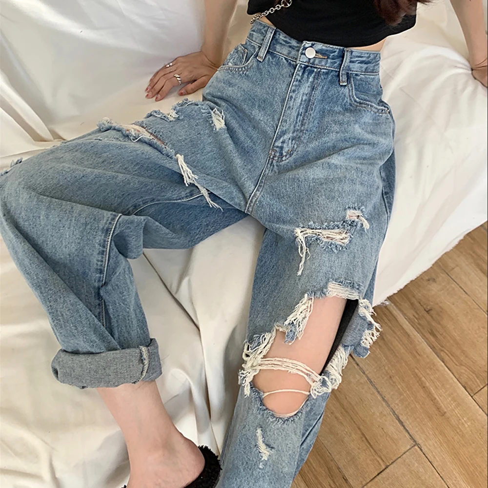 

Sexy Boyfriend Ripped Jeans woman Bagge Women Holes Destroyed Broken Pants Vintage Female Denim Trousers Distressed Designer