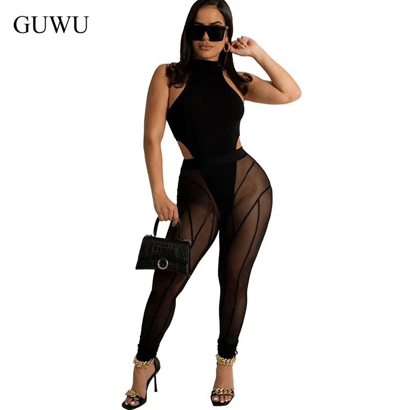 

Sleeveless Two Piece Outfits Sheer Mesh Tight Skinny Rompers Womens Jumpsuit Overalls Playsuits Summer 2022 Cutout Bodysuits