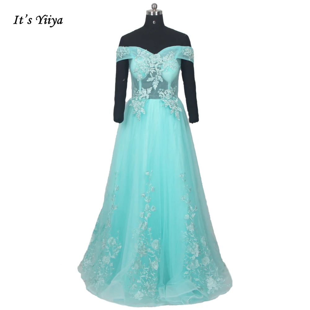 

It's Yiiya Evening Dresses Green Tulle illusion Pearl Beading Off the Shoulder Lace A-line Floor Length Women Party Dress CH003