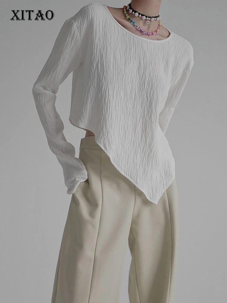 

XITAO Simplicity Asymmetrical T-shirt Loose Fashion Pleated Long Sleeve O-neck Collar Pullover New Women All-match Top WMD5325