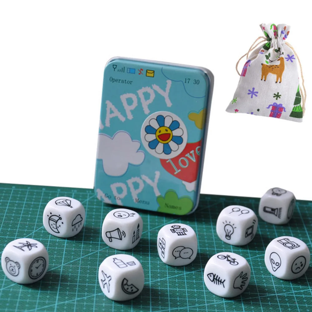 9pcs Plastic Dice Telling Story With Bag Story Dice Education Toys Family/Parents/Party Funny Imagine Magic Language Toys