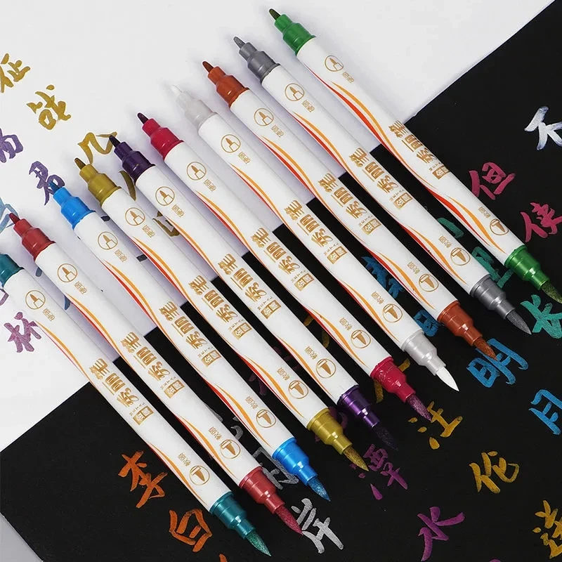 

Fashion Dual-Nib Colored Oily Brush Waterpfoof Permanent Fast Dry Artist Drawing Mark Pen Stuent Child Paintbrsuh Office Supply