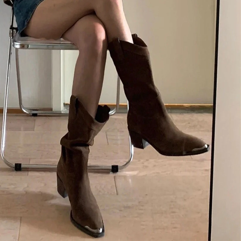 

Fad Mid Heels Women Casual Punk Snow Boots Knee-high Pointed Goth Shoes 2022 Winter New Women Chelsea Keep Warm Non-slip Boots