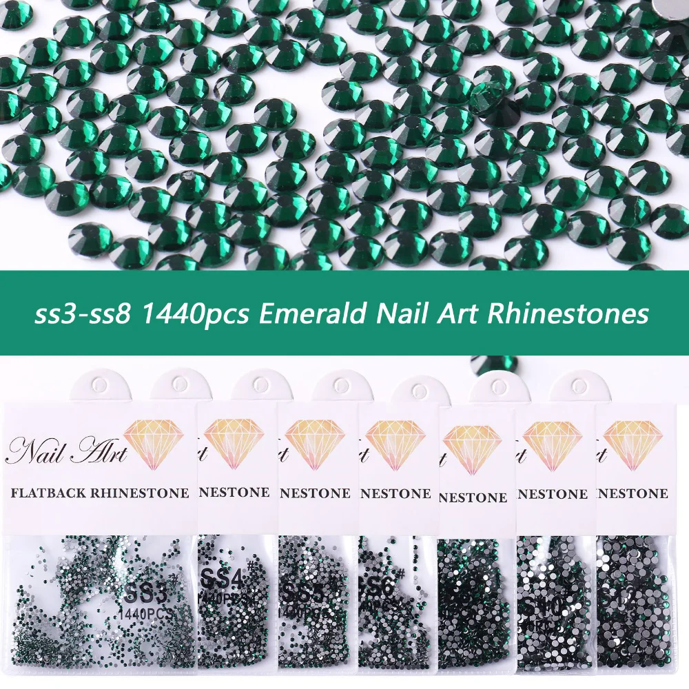 

SS3-ss8 1440pcs Clear Crystal AB Emerald 3D Non HotFix FlatBack Nail Art Rhinestones Decorations Shoes and Dancing Decoration