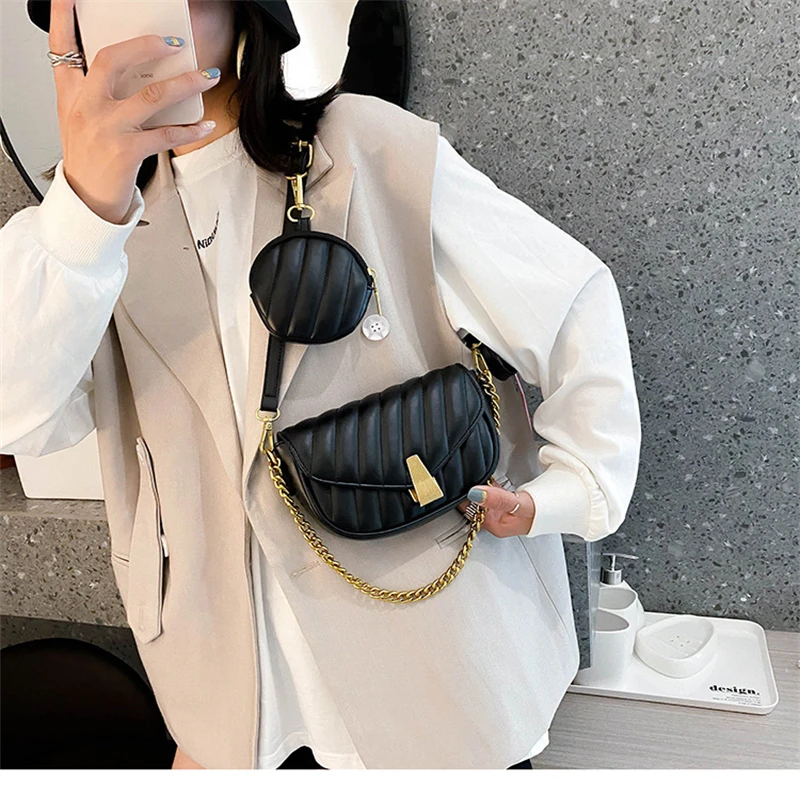 

Korean Style PU Crossbody Bag Set for Women 2021 Autumn New Luxury Designer Chain Shoulder Purses 2-in-1 Fashion Lady Saddle Bag