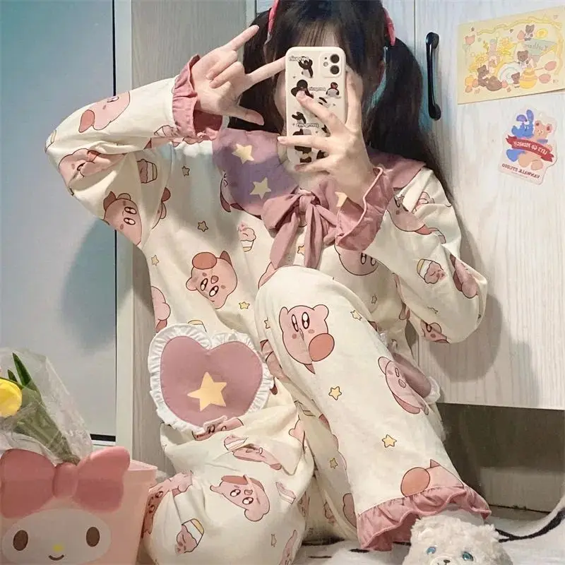 

Kawaii Kirby Anime Hobby Pajamas Women's Spring Bowknot Doll Neck Long Sleeve Pants Household Clothes Can Be Worn Externally