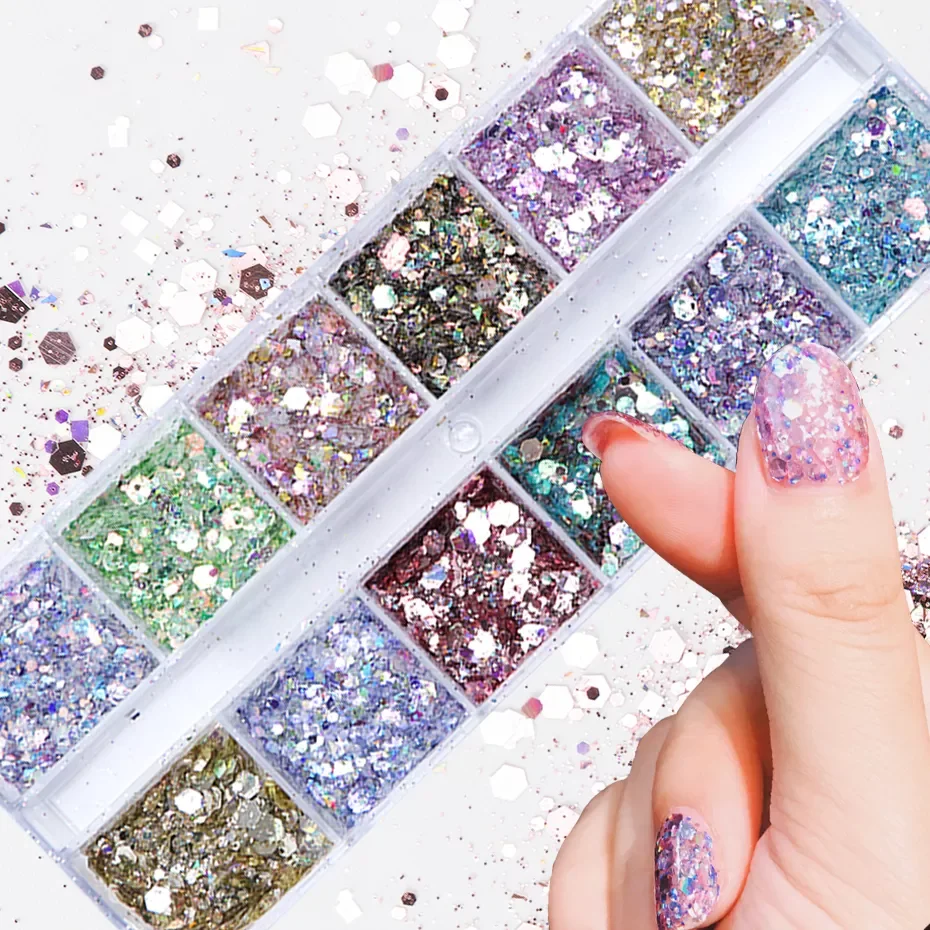 

12 Grids Mermaid Hexagon Nail Glitter Powder Holographic 3D Sparkly Paillette Flakes Shining Charm Art Sequins Tools BEDJ01-12-2