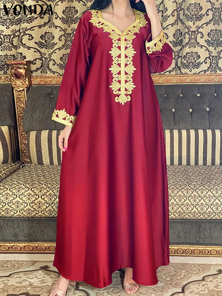 Plus Size Women 2023 Summer Dress VONDA Printed Bohemian Dress Long Sleeve Sexy V Neck Satin Party Vestido Belted Maxi Robe