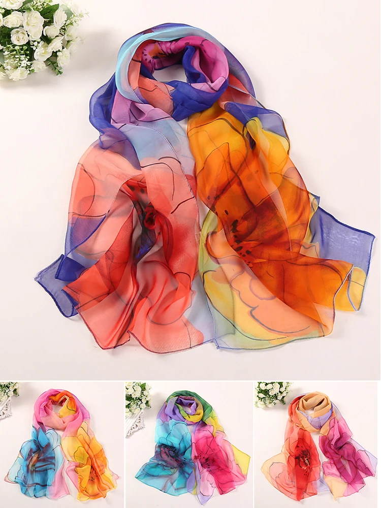 

160*50cm Bohemian Chiffon Scarf Flower Print Indian Style Long Scarves Silk Beach Wrap Shawl Print Muslim Hijab Islamic Bandana