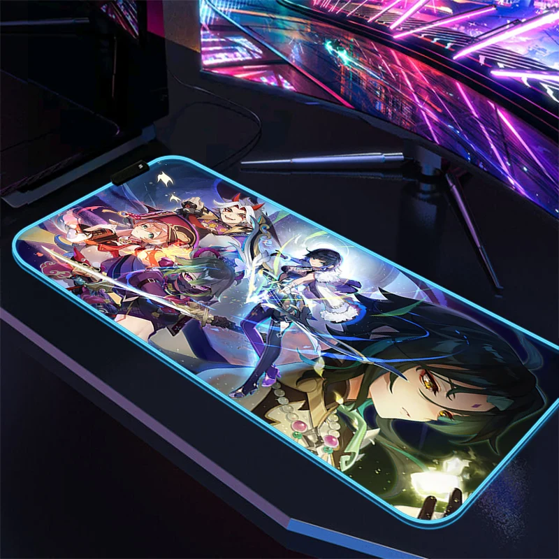 

Компьютерный RGB коврик для мыши Xl Genshin, ударопрочный Rgb коврик для настольного стола, большой Настольный коврик для мыши, геймерский Настольн...