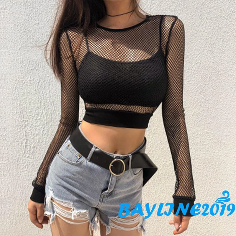 

Fashion Womens Sexy Crop Top All Mesh Fishnet Long Sleeves T-shirt