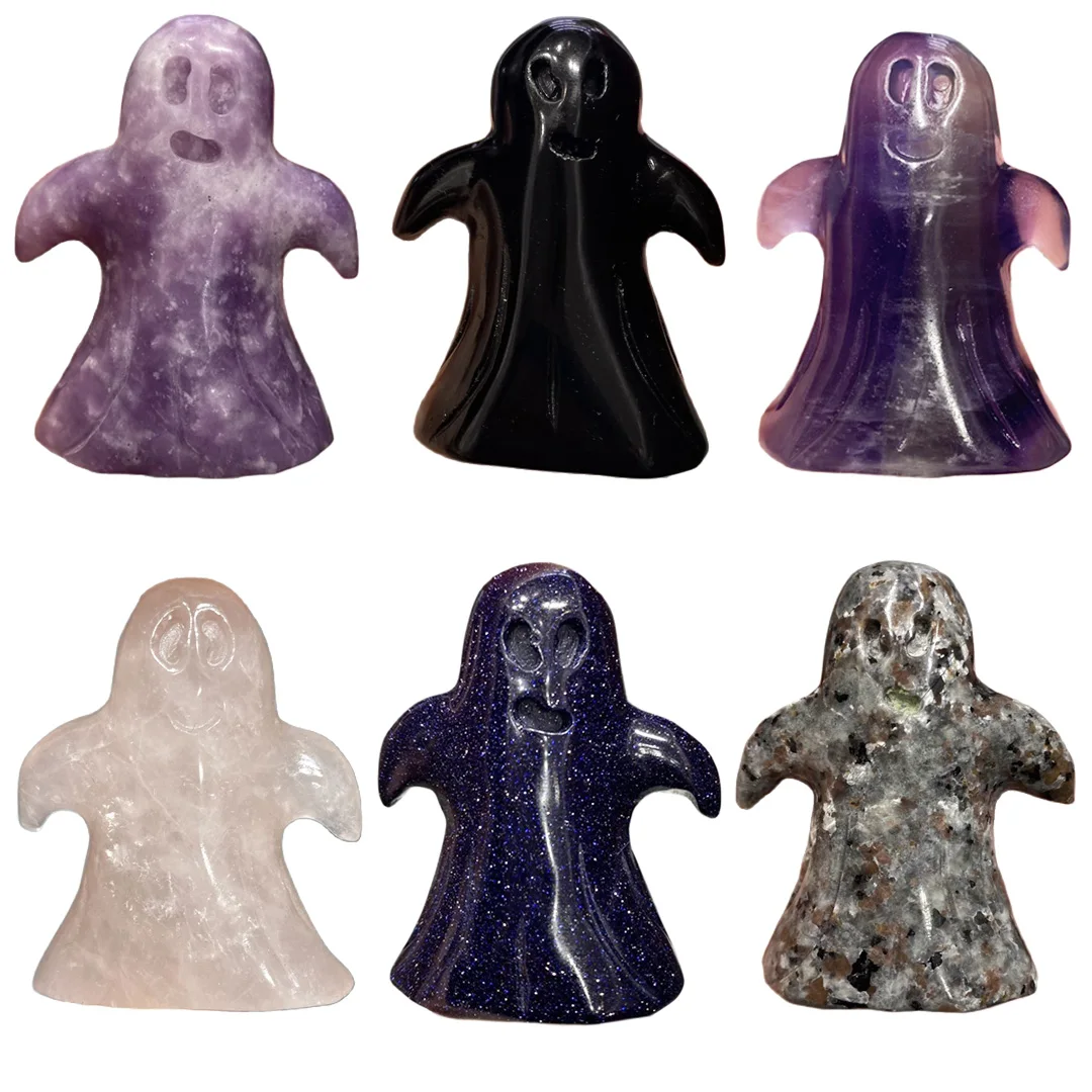 

Natural Crystal Stone Fluorite Obsidian Blue SandstonCarved Ghost Gemstone Halloween Reiki Healing Home Decorations Statues 1pcs