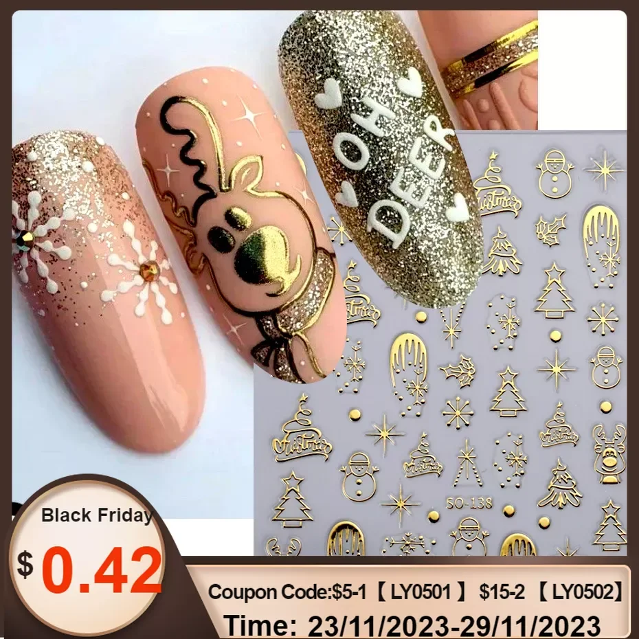 

3D Gold Silver Christmas Nail Sticker Winter New Year Snowman Snowflake Decal Holographic Santa Tree Slider For Manicure Decor