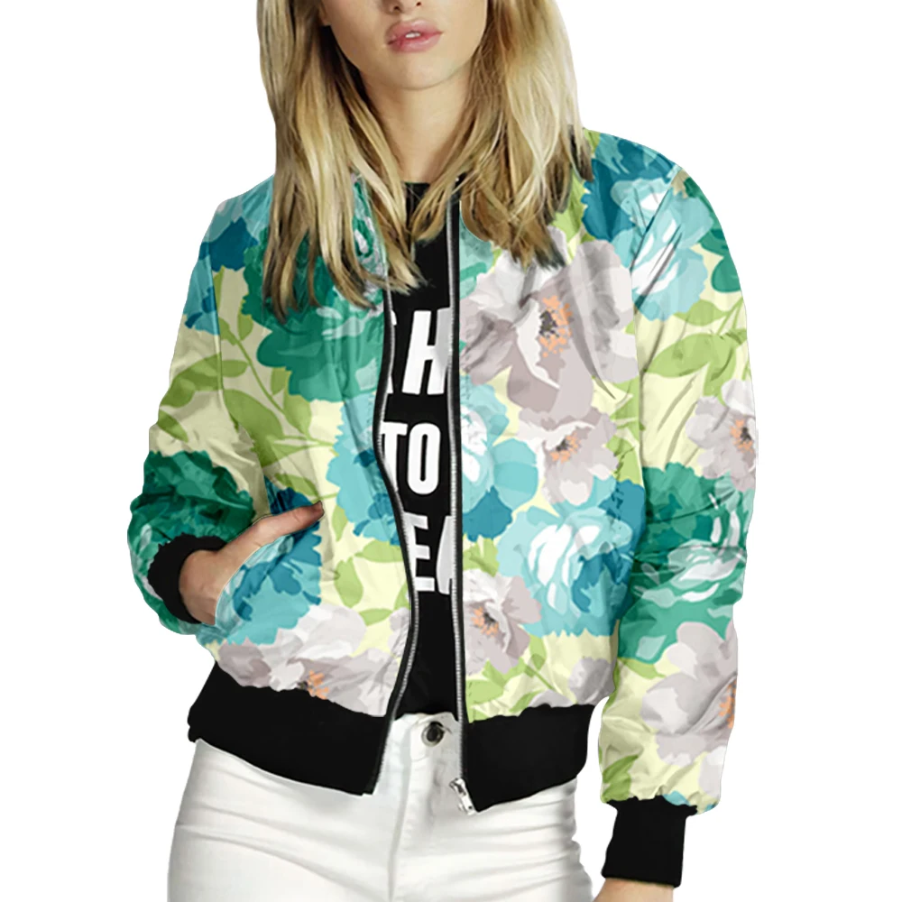 

Women's Long Sleeve Zip Rose Print Bomber Jacket Casual Pocket Slim Fashion Outerwear