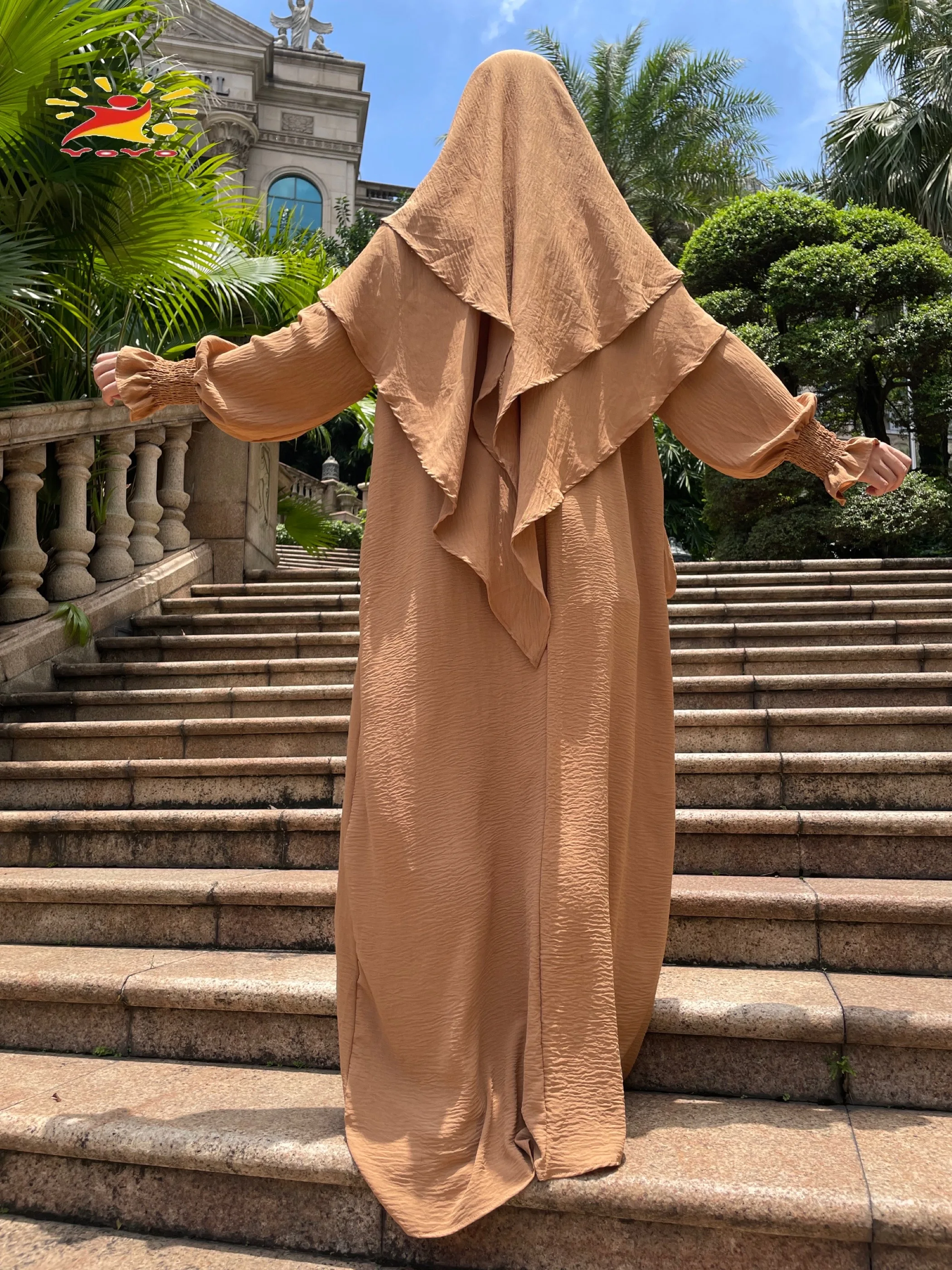 Комплект Абайи Khimar из дымчатой ткани платье с манжетами + двухслойный хиджаб шарф