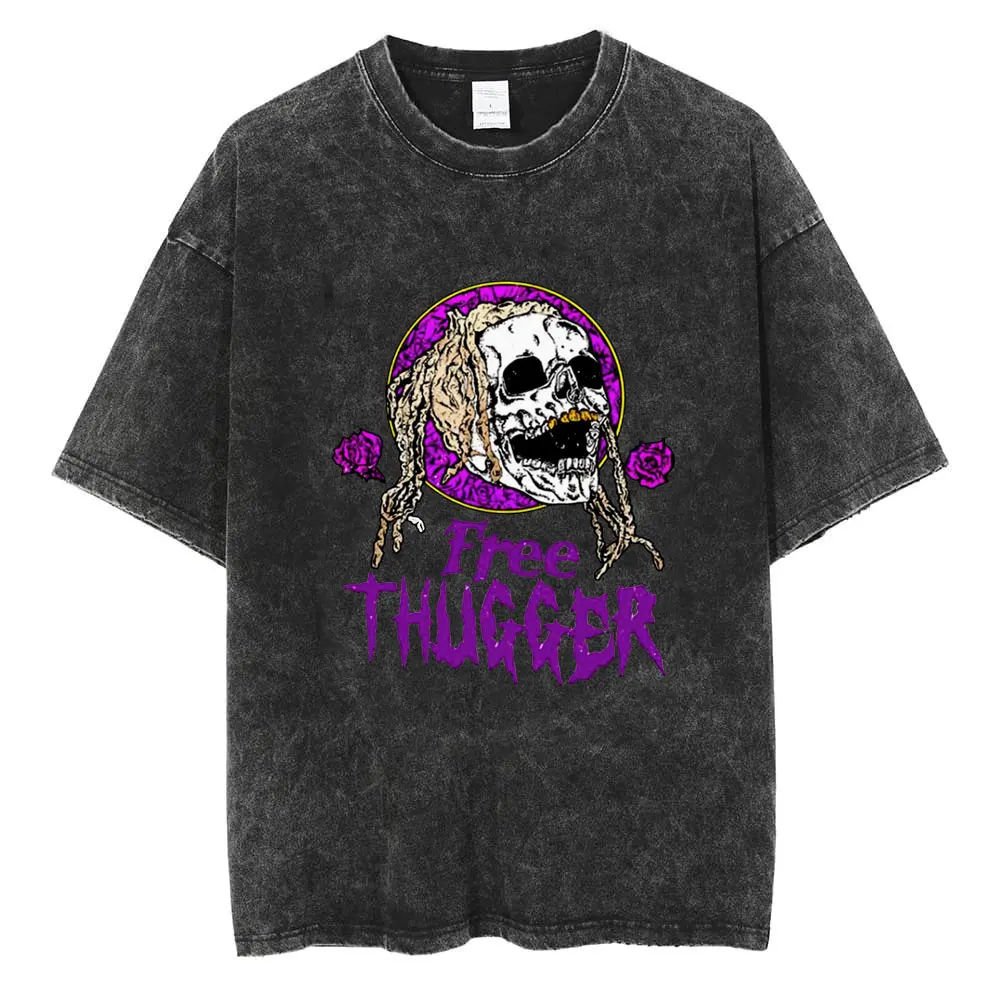 

Hip Hop Rapper Young Thug Double Sided Print T-shirt Summer Pure Cotton Vintage Washing T Shirt Men Skull Awesome Oversized Tees