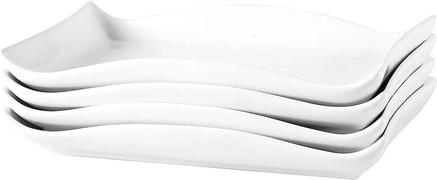 

10"x7" Set Of 4 Curvy Stylish Design Serving Trays Modern Plates Rectangular Platters, White