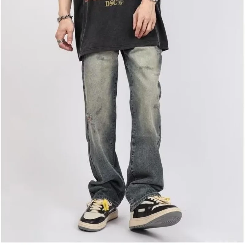 American Street Vintage Washed Straight Jeans Men and Women Fashion Hip-hop Skateboard Versatile Trousers Casual Baggy Jeans Men
