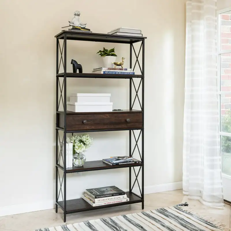 

5 Shelf Bookcase with USB, AC Power Outlets and Drawer, Walnut Book Shelf Furniture Book Rack Book Shelf Wall