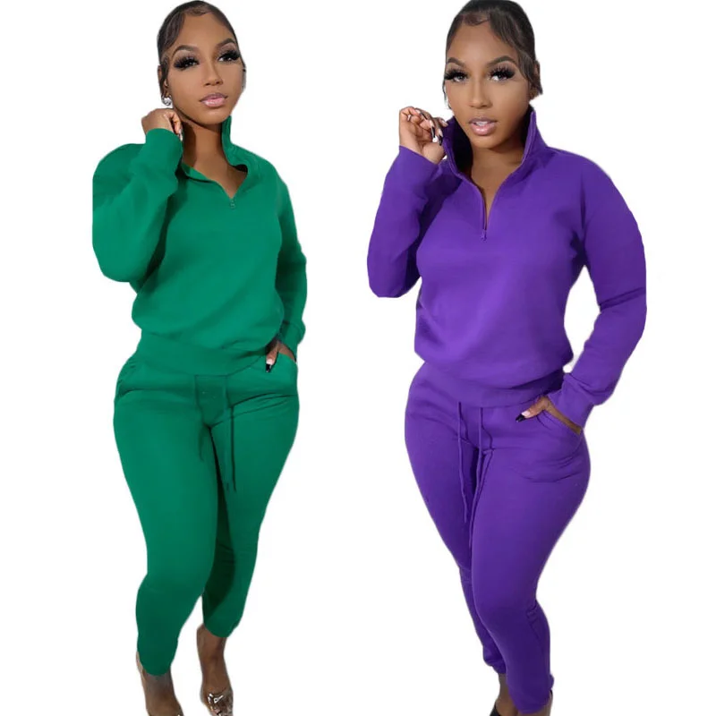 

WUHE Fashion Women's Set Zipper Turn-down Collar Sweatshirt and Jogger Pants Suit Streetwear Two 2 Piece Set Casual Tracksuit