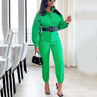 elegant jumpsuits rompers for women green turn down collar full sleeve single breated new autumn fall office ladies overalls