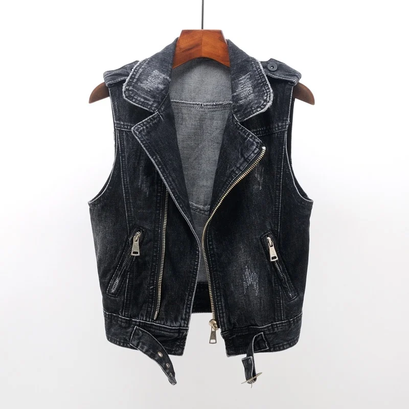 

Casual 4XL Loose Moto & Biker Frayed Denim Women Short Waistcoat Vintage Jeans Vest Female Black Gray Sleeveless Jacket