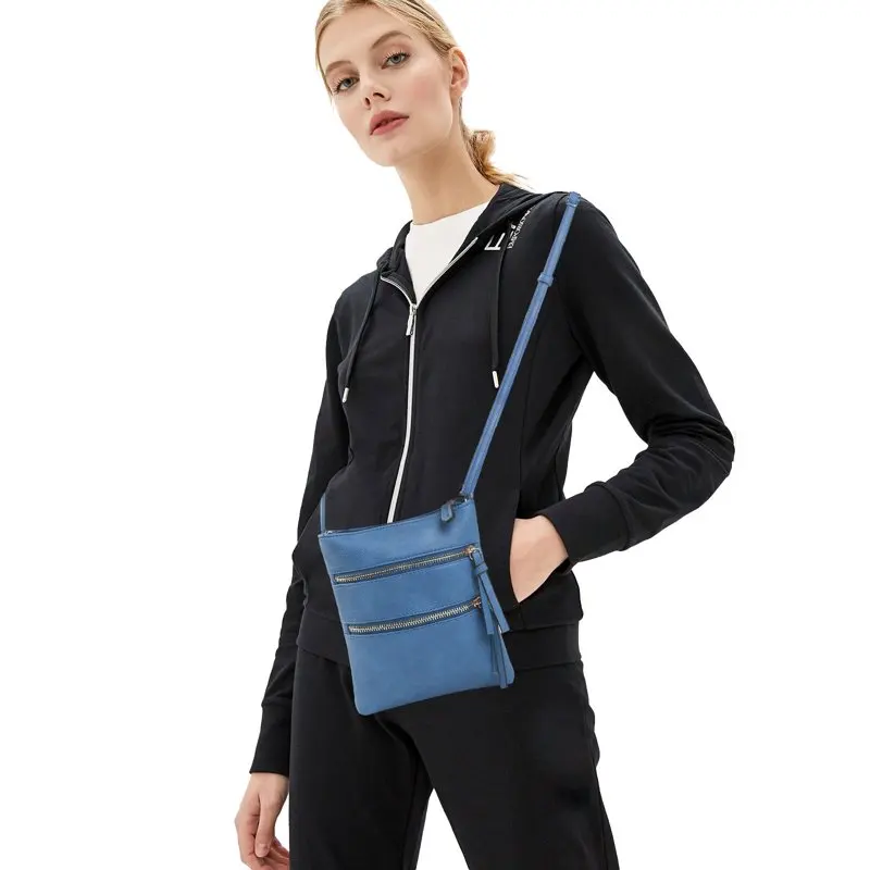 Blue Navy Blue Womens Multi-Pocket Zipper Sling Shoulder Bag, Adjustable Crossbody Purse Bag, Medium Size.