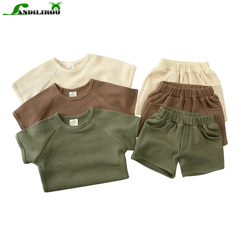 

2023 Summer Cotton Homewear Kids Baby Girls Boys Solid Top T-shirts+shorts Toddler Children Waffle Clothing Set 2pcs 아동복