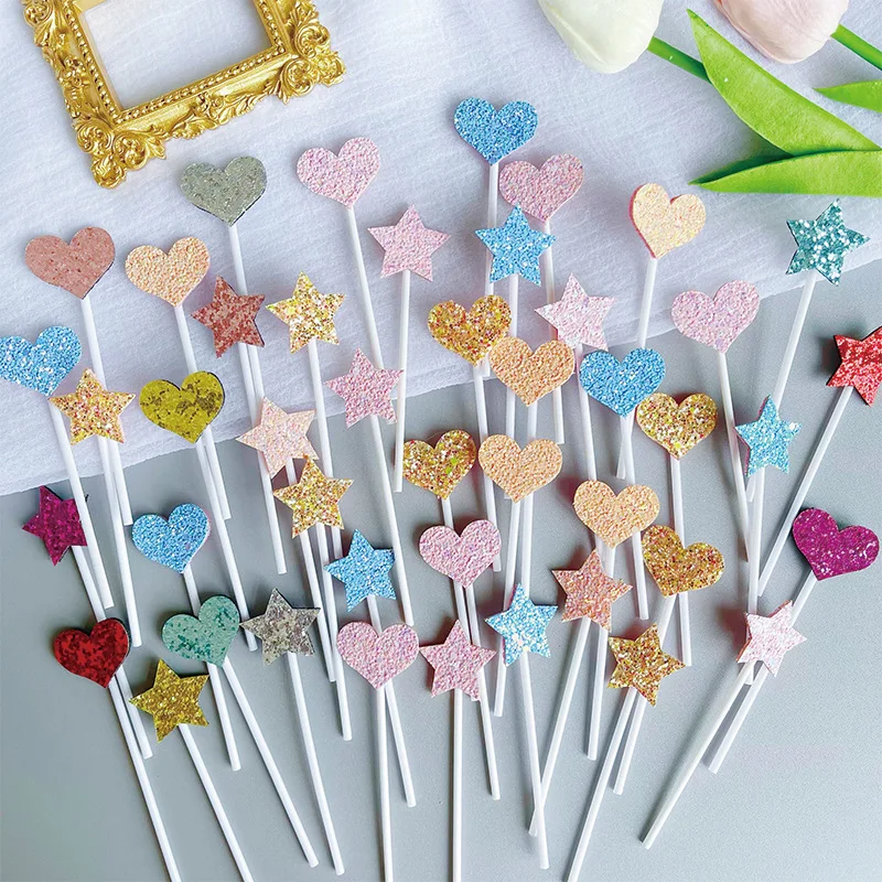 

5pcs Mini Heart Star Cupcake Toppers Birthday Cake Topper Decorating Picks Kids Wedding Party Decorations Baby Shower Favors