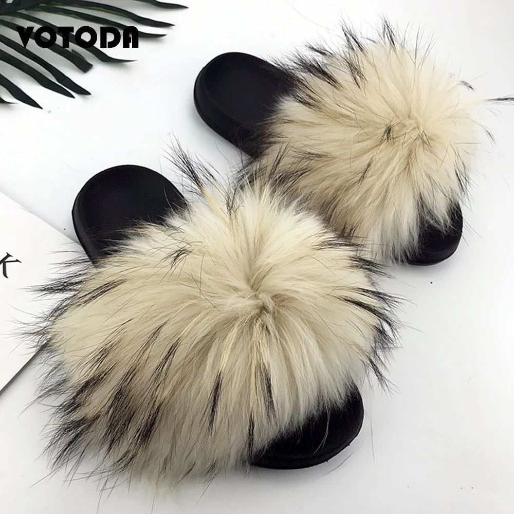New Fur Slippers Women Fluffy Real Fox Fur Slides Fuzzy Raccoon Hair Flip Flops Comfortable Indoor Sandals Summer Woman Fur Shoe