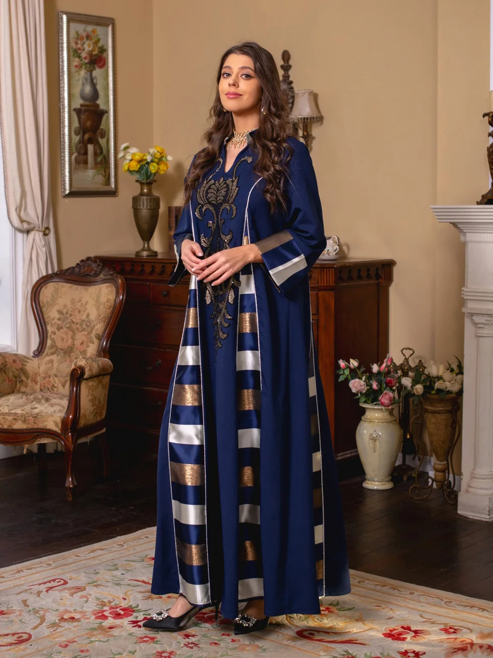 New Middle Eastern Women's Dress Beaded Embroidered Panels Print Striped Robe Abaya Muslim Maxi Dress Evening Dresses