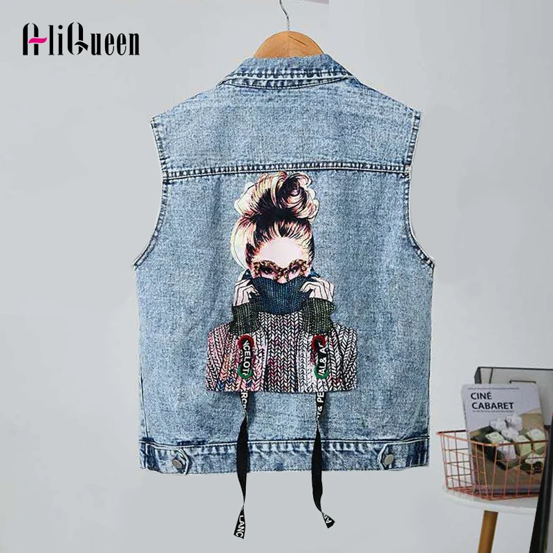 

Винтажный женский джинсовый жилет на шнуровке, уличная одежда с надписью, Джинсовая безрукавка, женская джинсовая майка на талии, короткий топ на лето