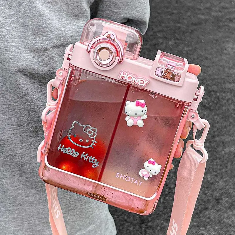 

700ml Kawaii Sanrio Hello Kitty Kuromi Pachacco Double Drinking Glass Square Water Cup Sippy Cup Large Capacity Student Portable