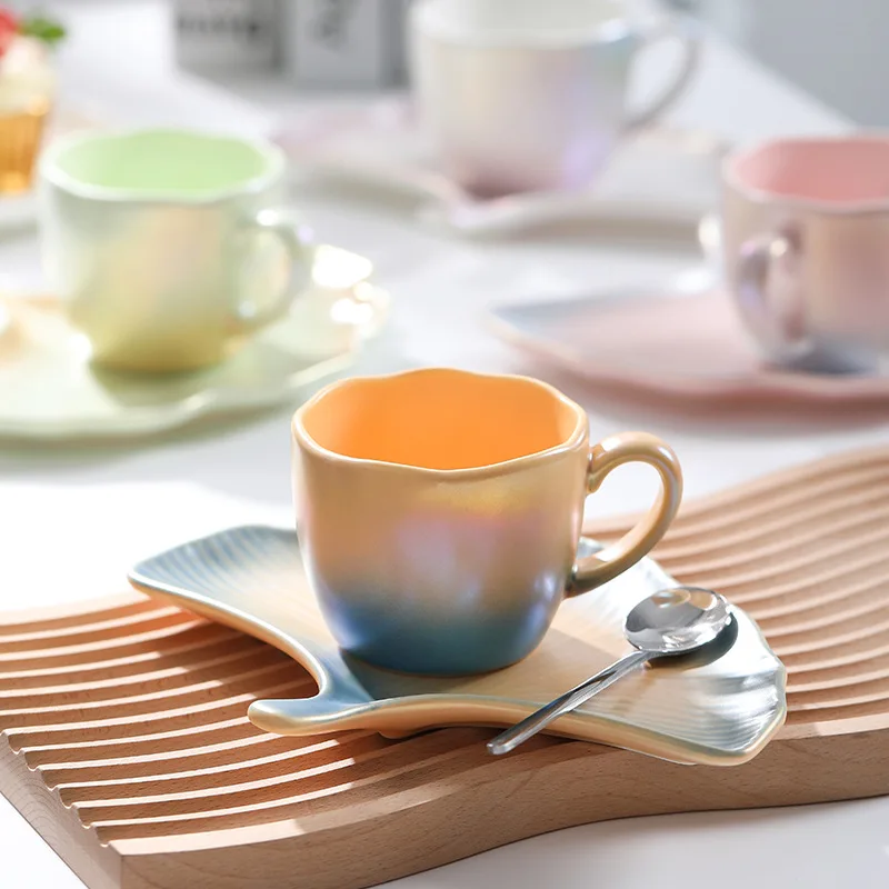 

Gradient Ceramic Coffee Cup and Saucer Set Colorful Water Cup Couple Mug Cute Coffee Mugs with Shell Dish Tea Cups Saucer Sets