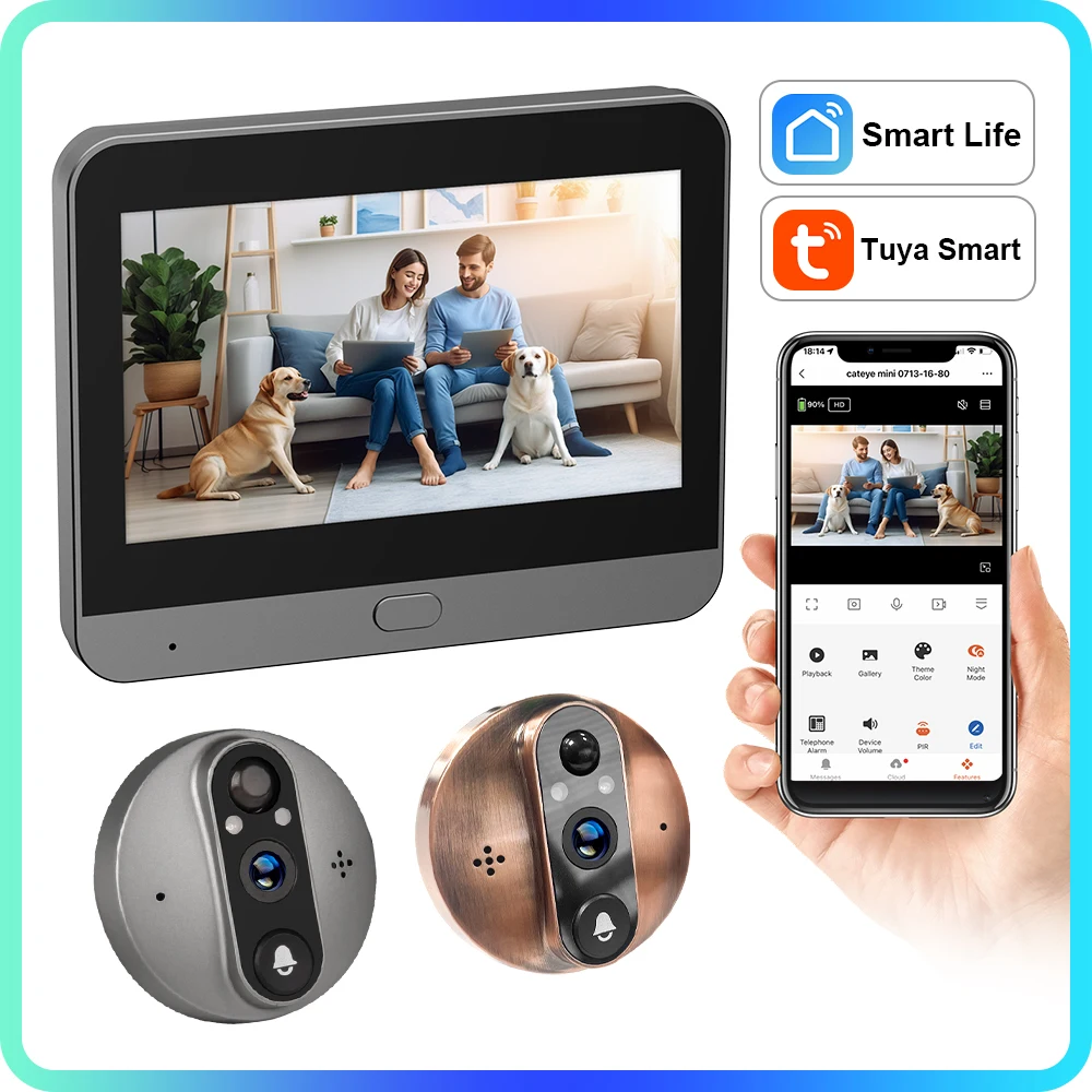 3-мегапиксельная Wi-Fi Tuya Smart Life APP Цифровой дверной звонок с питанием от батареи Magic Cat Eye PIR-глазок Камера Alexa Google 4,3-дюймовый монитор