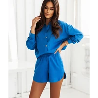 shirt shorts suits woman vintage long sleeve shirt and short pants suit two piece set female holiday casual outfit 2022 blue