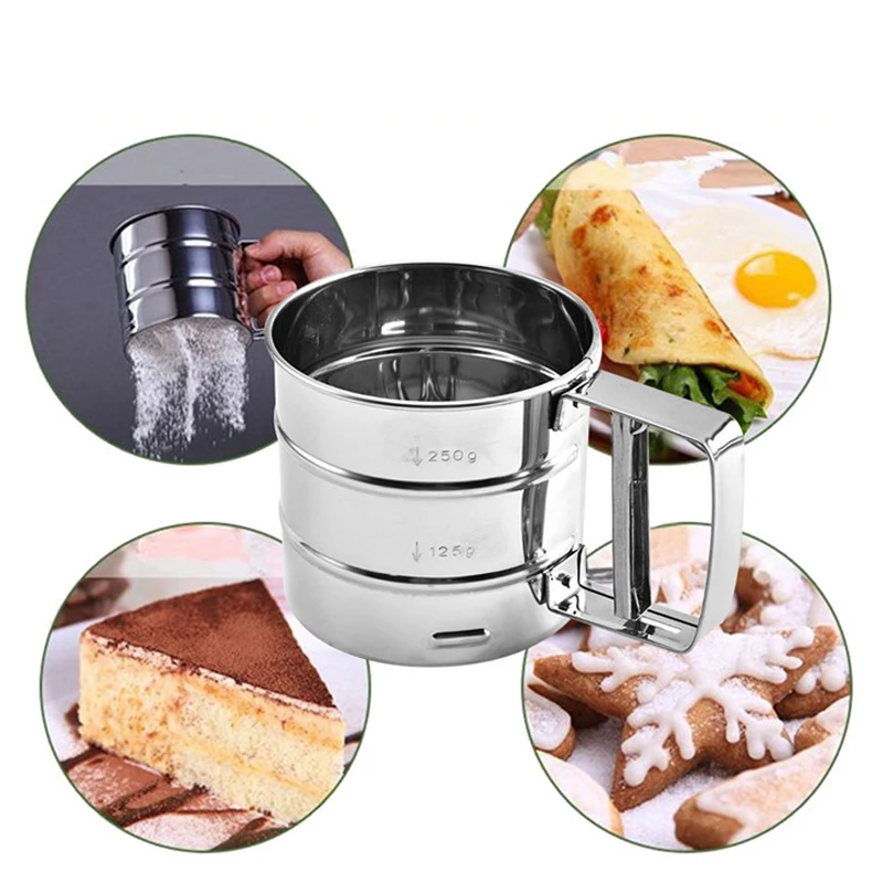 

High Quality Stainless Steel Mesh Flour Sifter Mechanical Baking Icing Sugar Shaker Sieve Cup Shape Bakeware Tools