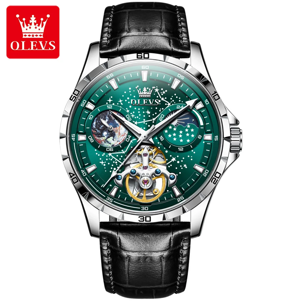 

Мужские водонепроницаемые часы OLEVS, оригинальные брендовые многофункциональные светящиеся полностью автоматические механические часы с Лунной фазой и звездным диском