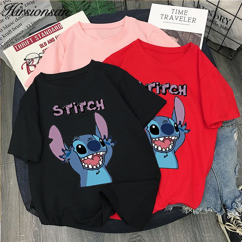 

Disney Summer New Kawaii Funny Lilo Stitch Cartoon Women T-shirt Cute Anime Graphic O-neck Female T Shirt Y2k Tops Harajuku Tee