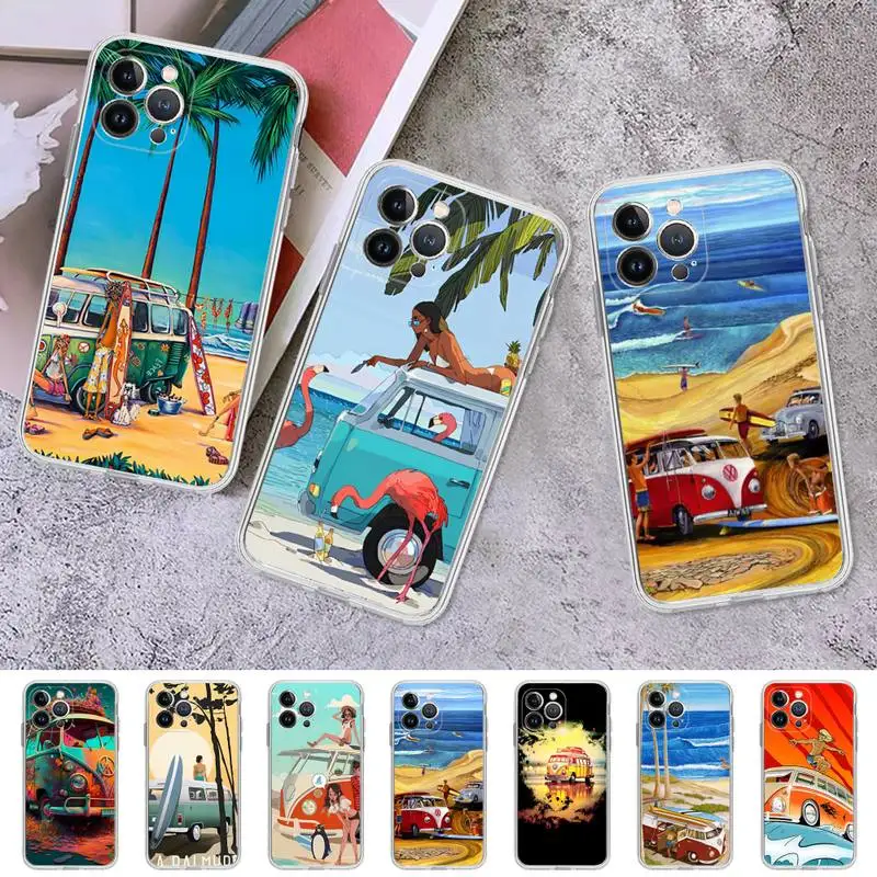 

Big Bus Beach Surfing Phone Case For iPhone 8 7 6 6S Plus X SE 2020 XR XS 14 11 12 13 Mini Pro Max Mobile Case