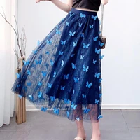 butterfly decoration women long skirt black blue pink pretty tulle ladies a line skirts