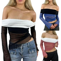 summer womens sexy off the shoulder skinny tops contrasting color long sleeve patchwork sheer tee shirt