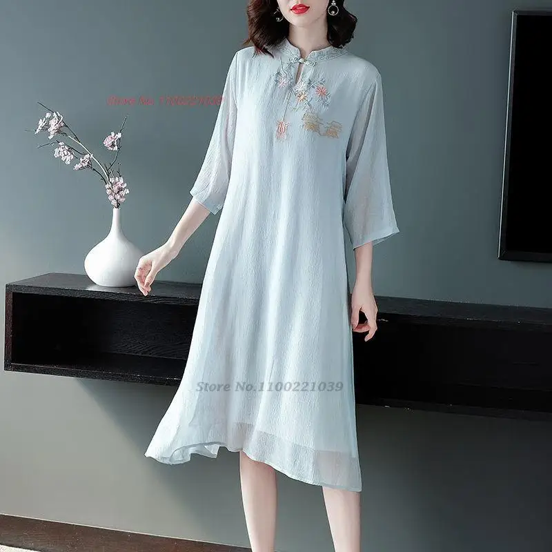 

2023 traditional chinese dress national flower embroidery chiffon dress improved cheongsam oriental ethnic evening dress vestido