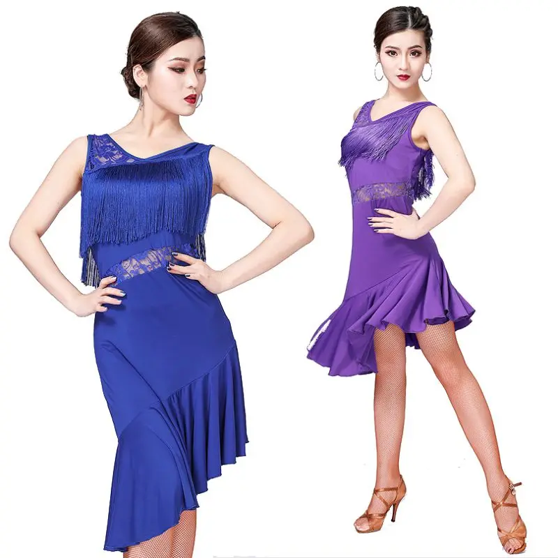 Latin Dance Dress Lace Vest V-Neck Sleeveless Fringed Tassel Performance Practice Dress Latin Salsa Dancewear